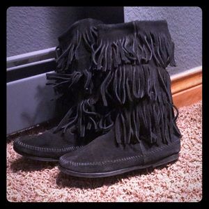 Black Minnetonka Fringe Boots